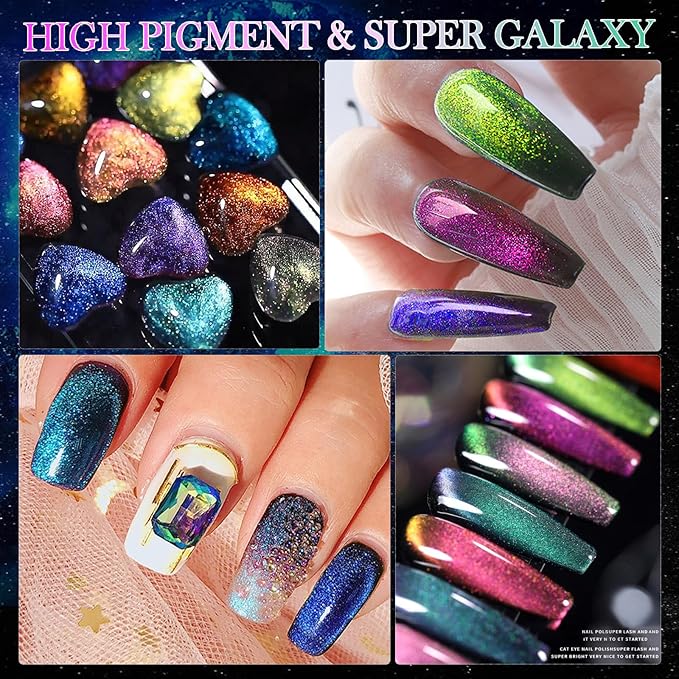 9D Cat Eye Gel Nail Polish Set 12 Colors, Cat Eye Gel Polish with Magnet, Magnetic Cateye Chameleon Galaxy Effects Professional Use for Salon