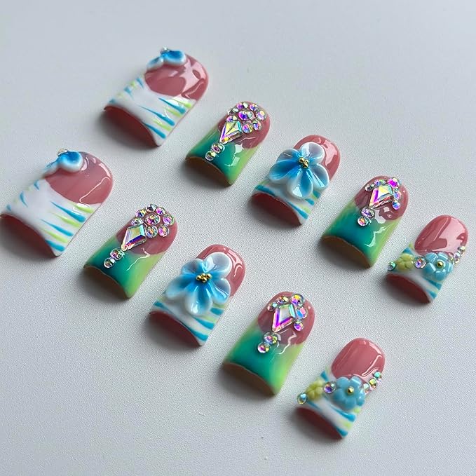 Luxury Press on Nails Short Duck Handmade 3D Unique Reusable ABS Material Fake Nails French Tip False Nails with Designs Floral Rhinestones Blue&Green Glossy Glue on Thick Acrylic Nails(S)