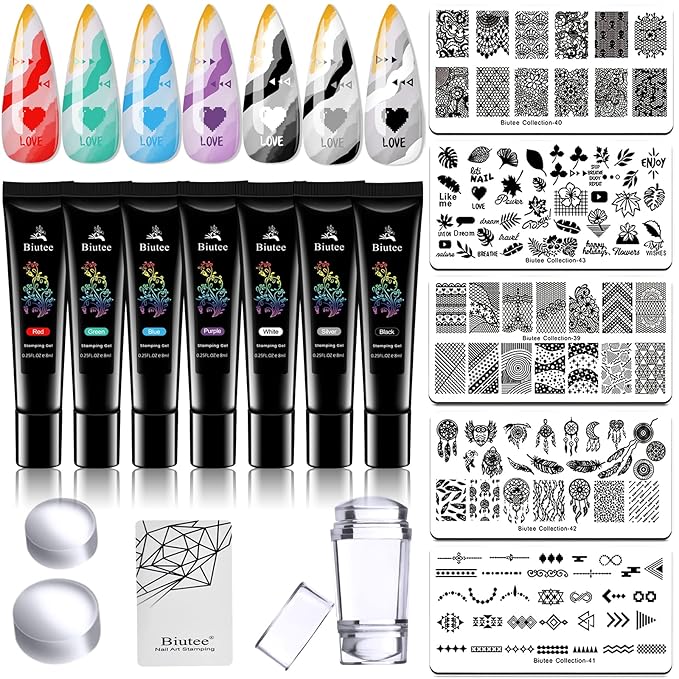 SEISSO 7 Colors Nail Stamping Polish Gel Nail Stamper Kit with 5 Pcs Nail Stamping Plates for Nails Art Stamp Beginners Kitiy