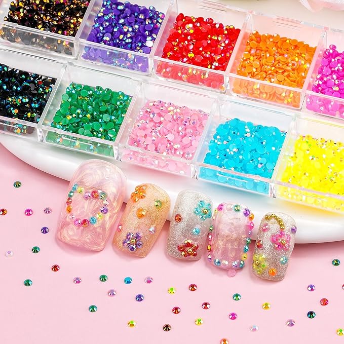 3D Mini Small Metal Stainless Steel Caviar Nail Beads Balls, 0.8-3mm Gold Silver Alloy Nail Art Chain Charms Studs with Tweezers and Dual-end Brush (8-K1-2mm-jelly)