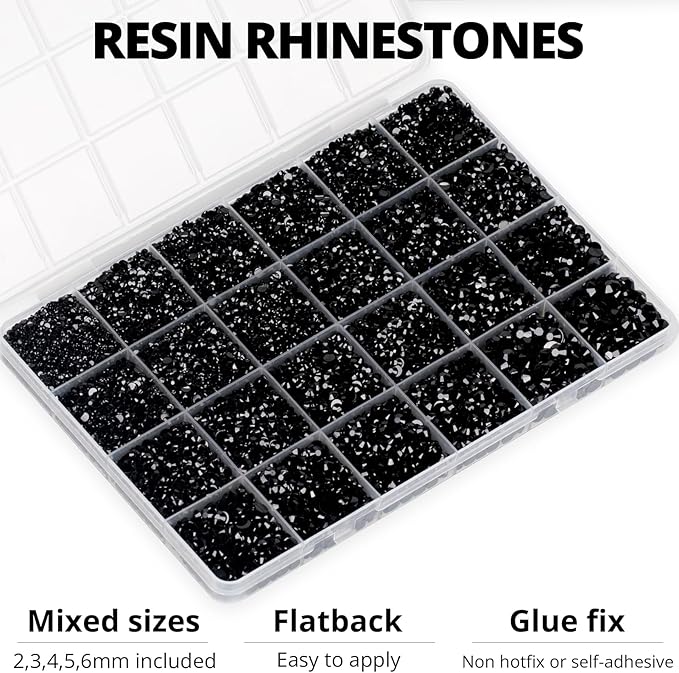 20100Pcs Black Resin Rhinestones 2,3,4,5,6mm Flatback for Bedazzling Crafting Crafts Clothing Clothes Fabric Shoes Nail Art, Flat Back Gems Diamonds Bedazzler Kit Bulk Jewels Crystals Gemstones