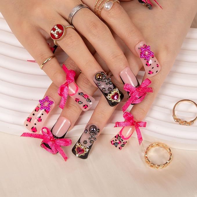 LOVFUL Press on Nails The Sweet Guardian | Handmade with Full Covered Crystals | Reusable Full Cover Nails | Duck Classic Regular 1.3 in | H173-M