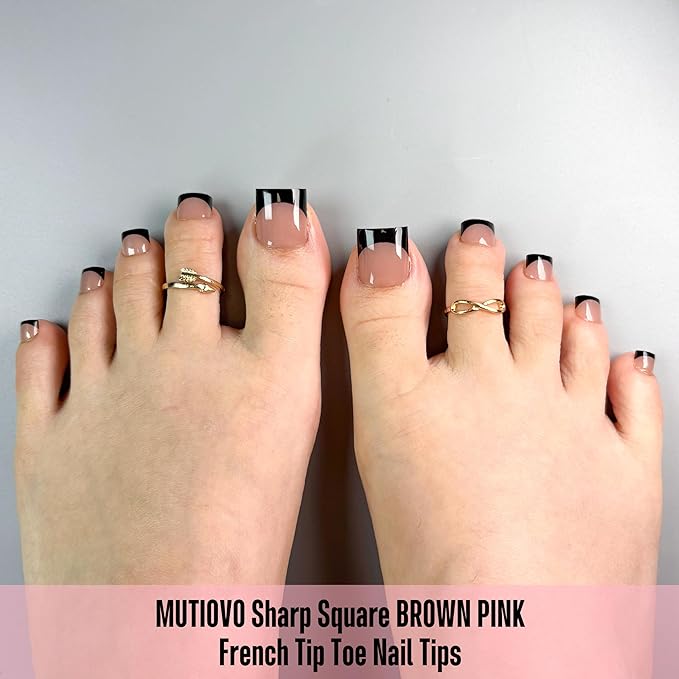 Toe Nail Tips Press on Black French Tip, BROWN PINK Long/Medium Wide Fake Toenails, Full Cover Sharp Square Pre-Designed Soft Gel False Toenail Acrylic Extension for DIY 15 Sizes 240 pcs