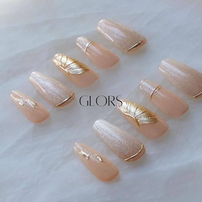 Press On Nails, Long Ballerina Style, Nude Pink with Gold Accents, 10 Pieces (Large,LB)