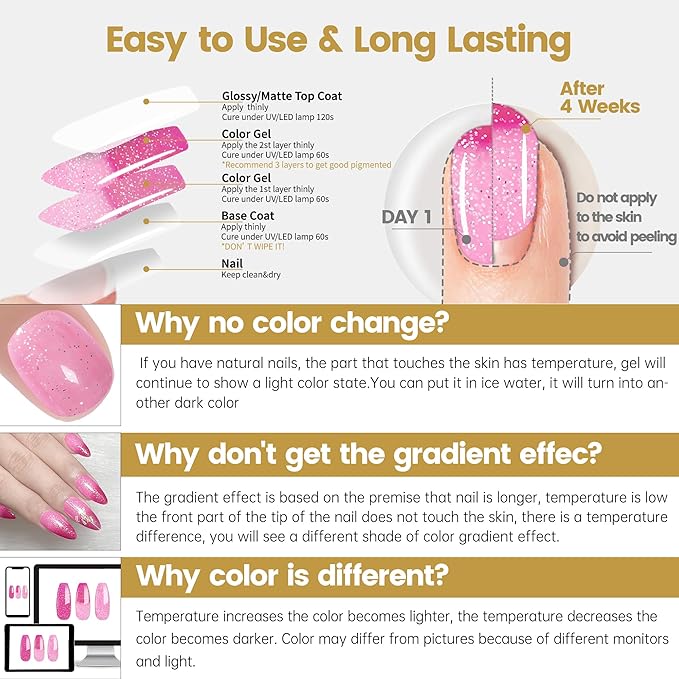 YTD Likomey Color Changing Gel Nail Polish,15ml Light Pink To Hot Pink Glitter Mood Temperature Change Colors Ombre Thermal Salon Home Fall Winter Manicure UV Nails Varnish,WB04