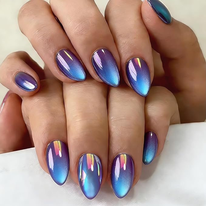 Chrome Dusty Purple Press on Nails Short Almond, Glazed Cute Fake Nails with Sparkle Mirror Design, Shiny Glitter Glue on Nails Stiletto, Gel Nail Press ons with Glue for Fingernail 30 Pcs