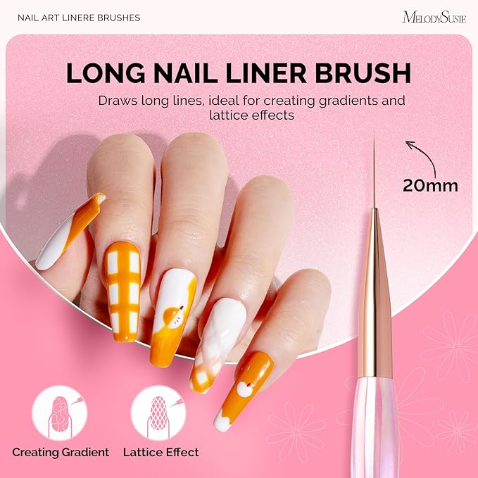 MelodySusie 5Pcs Nail Art Liner Brushes with Nail Brush Holder, Professional Gel Polish Painting Art Design Pen for Thin Long Lines, Tiny Details, Fine Drawing, Delicate Coloring Sizes 5/7/9/11/20mm