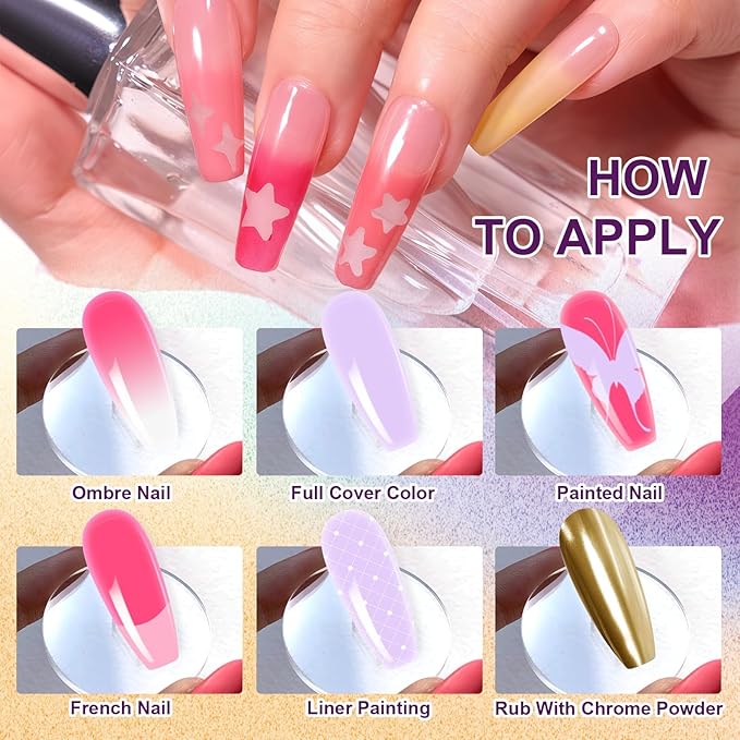 Gradient Gel Nail Set, 9 Bright Colors Ombre Gel Nail Polish with 6 Aurora Multi-Purpose Brushes for Pigment Pat Nails French Manicure Nail DIY Painting Soak Off UV J Fairy Spring