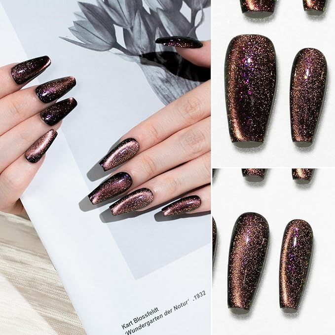 Sun&Beam Nails Handmade Press-on Medium Long Coffin Ballerina Black Pink Purple Magnet Solid Color Minimalist Design Fashion False Nail Tips 10 Pcs Set (#259 M)