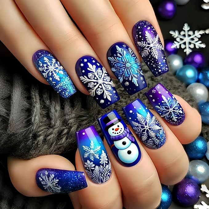 Christmas Press on Nails Medium Square Fake Nails with Snowflake Snowman Designs Blue Xmas False Nail Winter Acrylic Stick on Nail for Women 24 Pcs