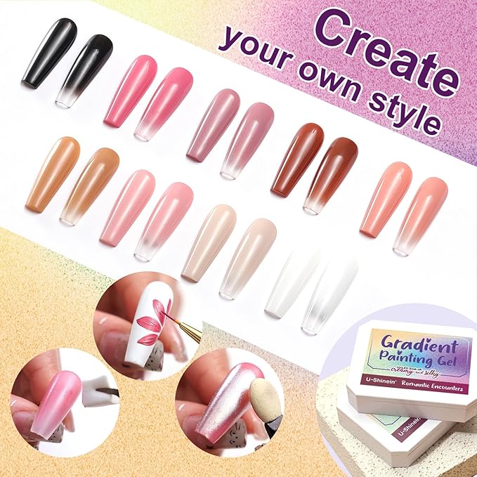 Gradient Painting Gel Set, 9 Colors Ombre Gel Nail Polish with 6 Aurora Multi-Purpose Brushes for Ombre Nails Aura Nails French Manicure Soak Off UV B Nude Rose Chroma