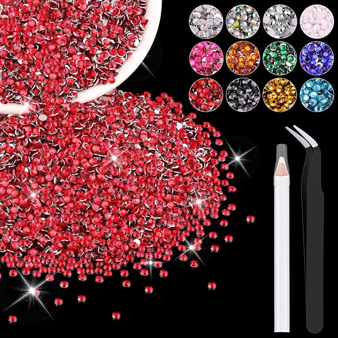 12000PCS 2mm Resin Rhinestones Bulk for Crafting (Red), Flatback Bedazzling Crystals for Crafts DIY Nail Decoration, Gems Charms for Tumbler Shoes Clothing Fabric with Pickup Pen and Tweezers