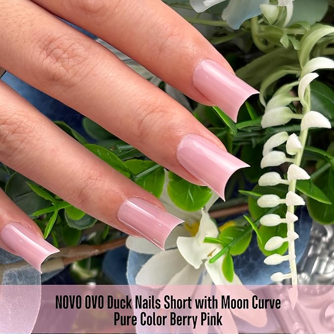 NOVO OVO Short Duck Nail Tips 240Pcs - Solid Berry Pink Soft Gel Flare Duck Feet Nails for Wide Nail Beds, Thick Full Cover False Nail Press Ons, Pre-Shaped Y2K Style Manicure (15 Sizes)