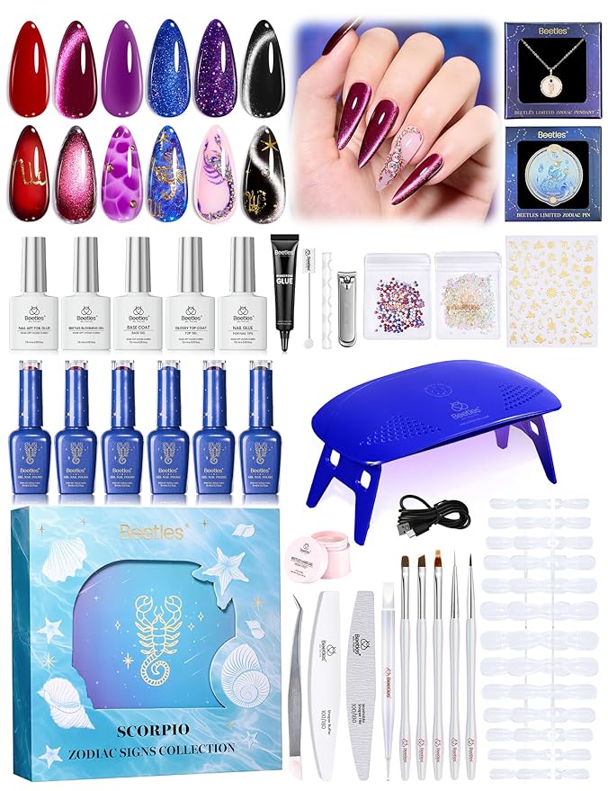 Beetles Midnight Vampire Lucky Box, Scorpio Zodiac Gel Nail Polish Kit Black Purple Burgundy Red Colors, All-in-One Nail Art Set with Tools, Necklace Badge, Salon DIY Zodiac Gift for Women