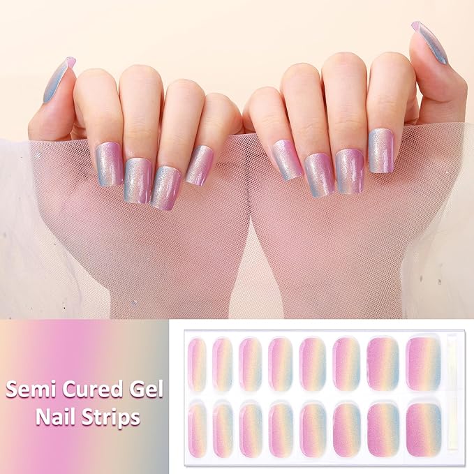 2 Sheet 32 Tips Semi Cured Gel Nail Strips Kit (Colorful Gradient) Salon-Quality Semi Cured Nail Polish Strips Stickers Solid Gel Nail Stickers Full Nail Wraps With Nail File & Wooden Stick