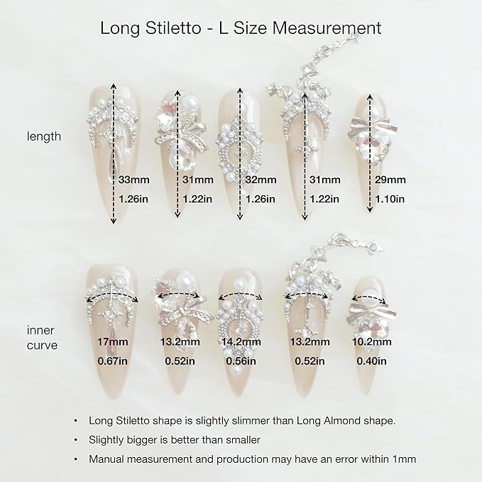 [GLORS] Luxury Press-On Nails, Nude False Nails with Rhinestones and Pearl Chain in Long Stiletto, 10 Pieces (L, LS)