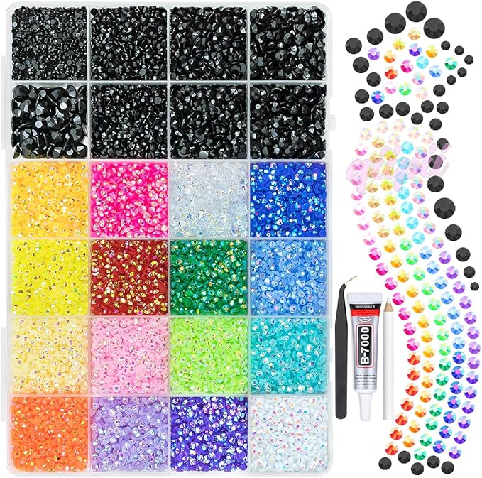 2mm-6mm Pure Black Resin Rhinestones Bedazzler Kit w B7000 Glue for Crafting Bedazzling Flatback Colorful Jelly Stones Diamonds Gems for Nails Face Eyes Makeup Tumblers Bottles Shoes DIY Crafts
