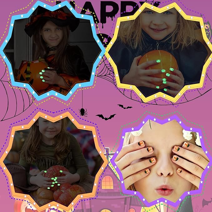 JANYUN 96 Pcs Halloween Luminous Kids Fake Nails False Nails Full Cover Glowing Stick on Nails with Skull Bat Spider Pumpkin for Girls Nail Art Party Decoration
