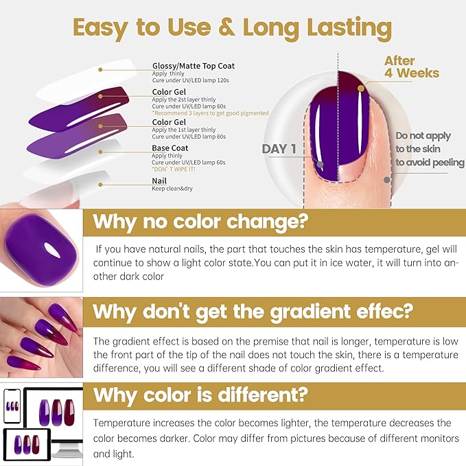 YTD Likomey Color Changing Gel Nail Polish,15ml Purple To Dark Wine Red Mood Temperature Change Colors Fall Winter Thermal Ombre Salon Quality Manicure UV Nail Varnish,HEMA Free TPO Free,WB502
