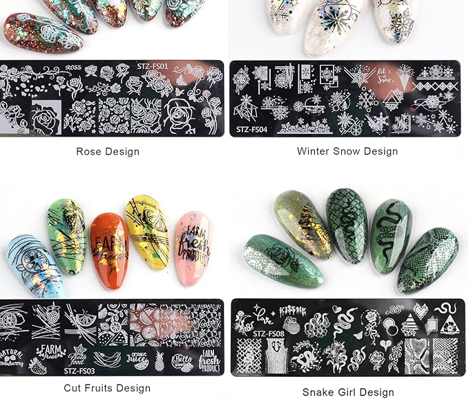 JERCLITY 8pcs Nail Stamping Plates Nail Stamping Kit Rose Fruit Animal Snake Image Plates Nail Art Design Template Print Nail Stamper Kit for Women