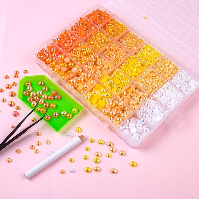 9960pcs Yellow Pearls Rhinestones, Flatback Half Pearls for Crafts Tumblers Shoes Nails Face Art, Assorted Sizes 3/4/6/8mm