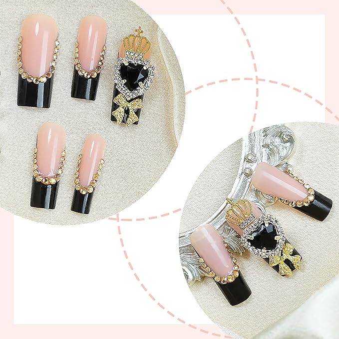 Black Press on Nails Long Square Press on False Nails Full Cover Fake Nails Glue on Nail with Design Nails Rhinestones Acrylic Glossy Stick on Nail for Women (French Tip Black)