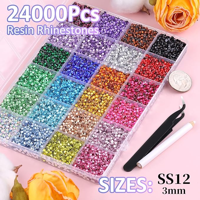 24000Pcs Resin Rhinestones for Bedazzling with Tweezers, Multicolor 3mm Rhinestones for Crafting with B7000 Jewelry Glue for DIY Crafts Clothing Tumblers Shoes Fabric Nail Art