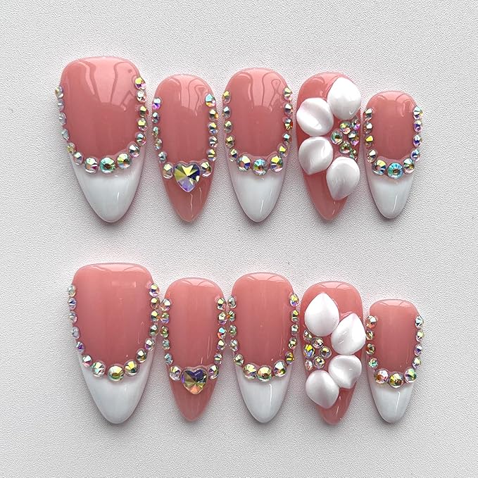 French Tip Press on Nails Handmade Medium Almond 3D Floral Thick Acrylic Nails White False Nails with Flower Rhinestones Designs Elegant Glossy Fake Nail Sturdy Wedding Art Press on Nail 10Pcs(S)