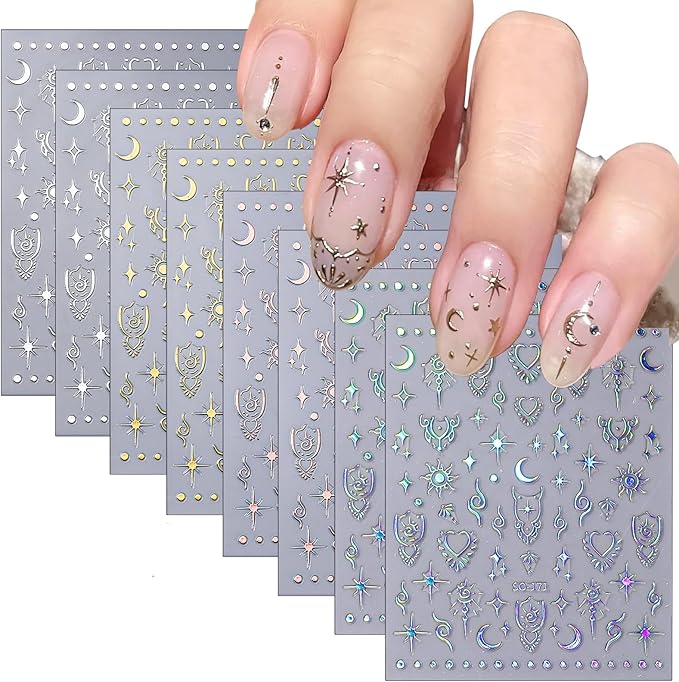 Moon Star Nail Stickers for Nail Art Metallic Sun Totem Nail Decals Holographic Laser Gold Silver Nail Stickers Sun Stars Moon Heart Boho Nail Art Designs Decals for Women Manicure 8 Sheets…