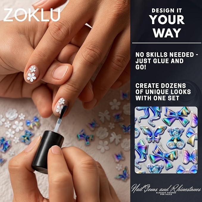 Rhinestones for Nails – Bow Nail Charms 520 Pcs Set with Gems, Butterfly Charms, 3D Flowers & Сrystals – Alloy Jewels for Nail Art, DIY Decorations, Weddings, Party Manicures & Creative Y2K Designs