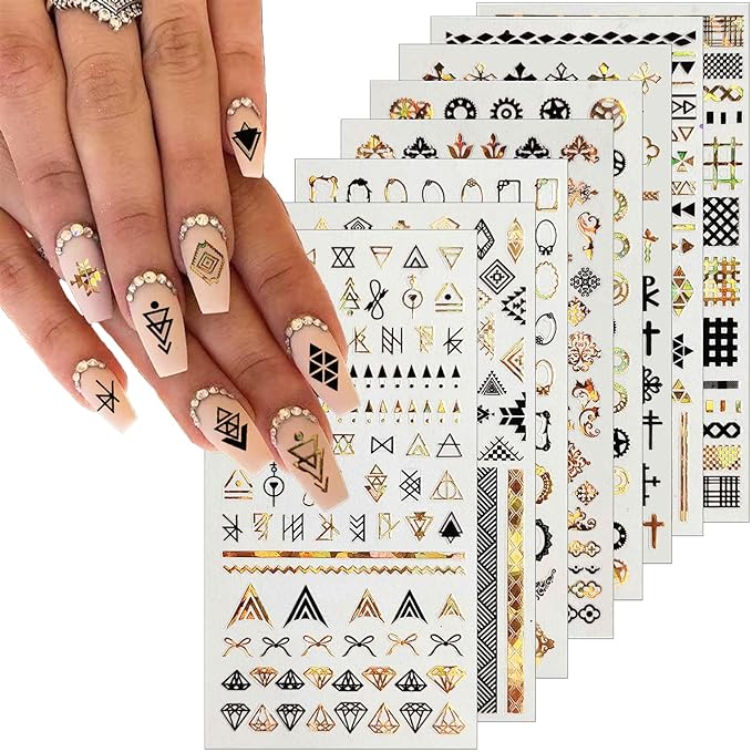 8 Sheets Geometric Nail Art Stickers, Black Gold Geometry Triangular Rhombus Minimalist 3D Design Self-Adhesive Nail Art Decals, DIY Manicure Decoration Supplies Accessories for Women Girls