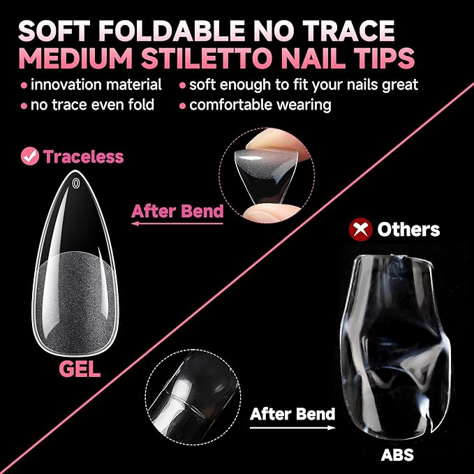 UNA GELLA Medium Stiletto Nails Tips,504Pcs Press-on Nails Stiletto Clear Gel Nail Tips, Full Cover Pre-Etched Fake Acrylic Nails, Sturdy for Nail Extensions Home Art Salon 12 Sizes