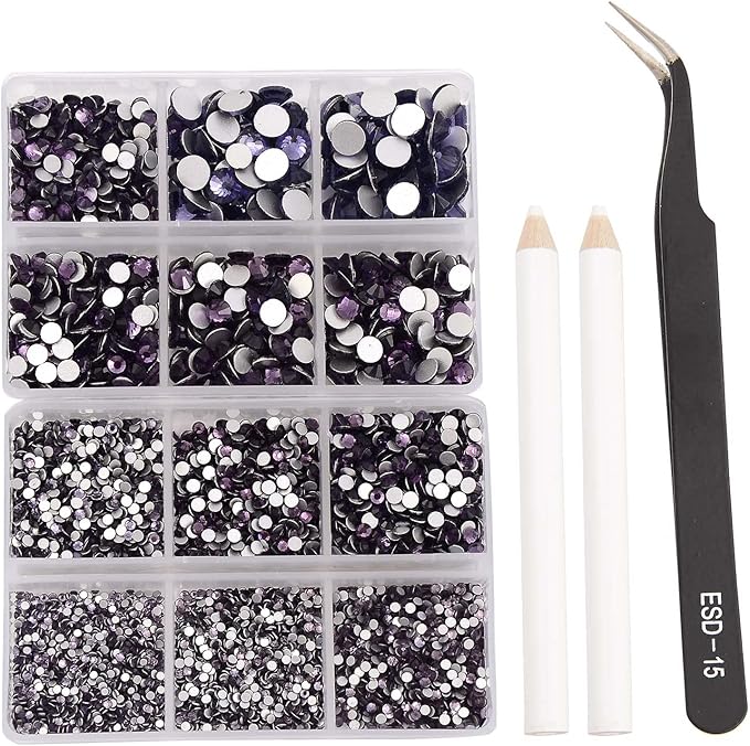 NCB 8000pcs Non Hotfix Rhinestones 10 Sizes Flatback Crystal Glass Rhinestones with Tweezers and Picking Pen for Nail Art Clothes Bags Phone Decorations Crafts DIY (018 Tanzanite Mix SS3-SS30)