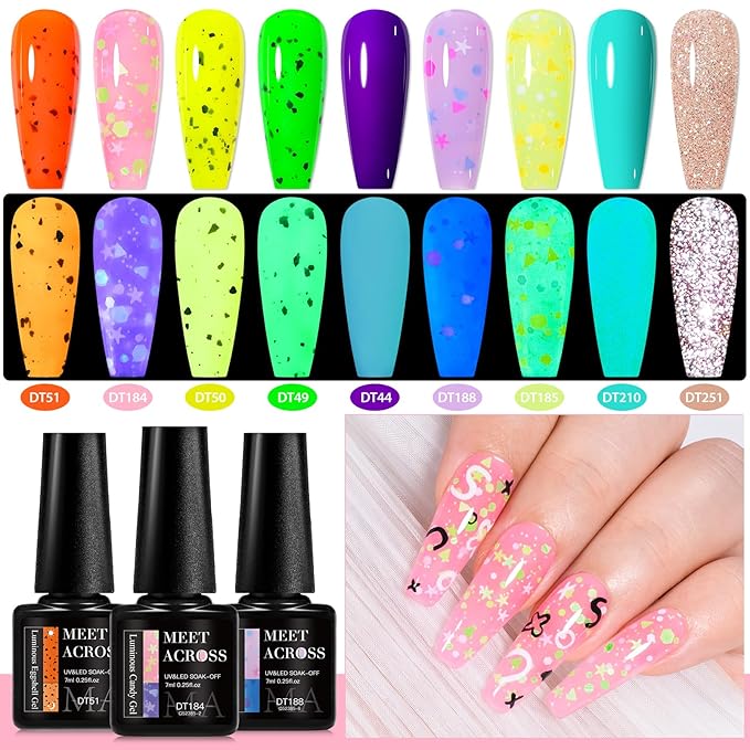 MEET ACROSS 9 Colors Gel Nail Polish + 3PCS Function Gel Nail Polish Kit,Fashion Nail Art Set Design Gifts for Women Manicure Salon (SET15, 12pcs)