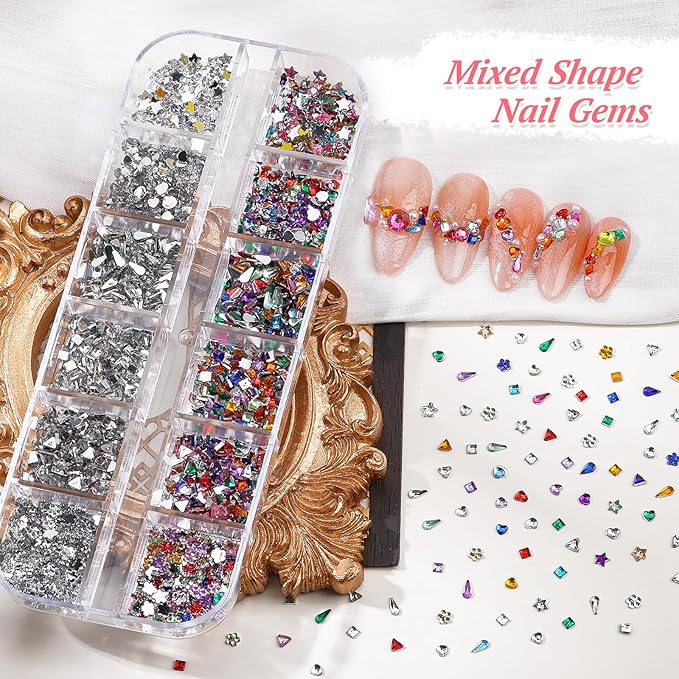 10 Boxes Nail Rhinestones Gems Kit,Gold/Silver Metal Studs,Mixed Sizes Flatback Crystals Rhinestones,Half Pearls,Sequins,Foil Flakes with Tweezers & Dotting Tools for DIY Manicure