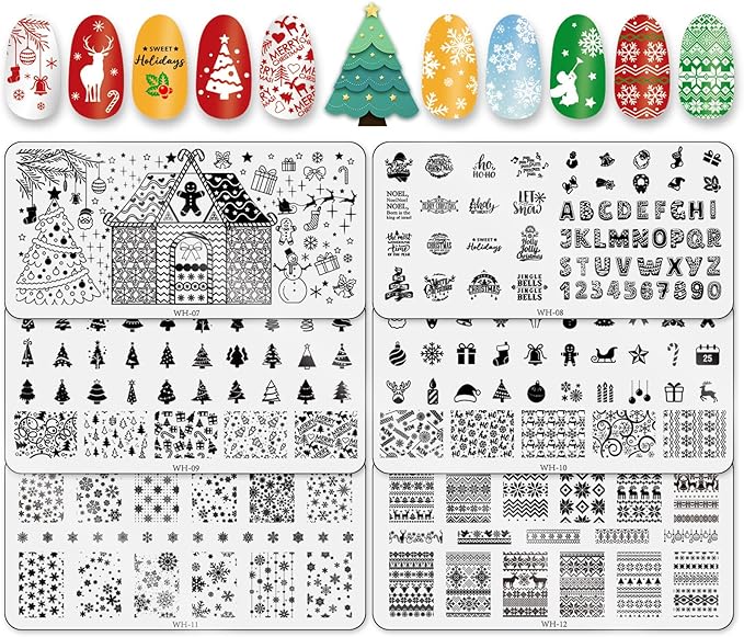 Whaline 6 Pieces Christmas Nail Art Stamping Plates Kit Christmas Tree Snowflakes Gingerbread Sweater Image Stamp Templates Holiday Nail Art Plates for Xmas DIY Print Manicure Salon Design Gift