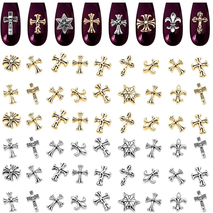 Silver and Gold Cross Nail Charms – 240 Pcs Cross Charms for Nails Crafted from Acrylic & Alloy, Long-Lasting Metallic Shine – Easy-to-Use Nail Decorations for Home, Salon & Holiday Manicure Ideas
