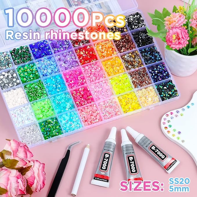 Zefy 40 Colors Resin Jelly Rhinestones for Bedazzling, 5mm 10000 Pcs Flatback Gems for Crafting, Bedazzling Kit with 3Pcs B7000 Glue for Clothing Shoes Nail Book Diamond Art