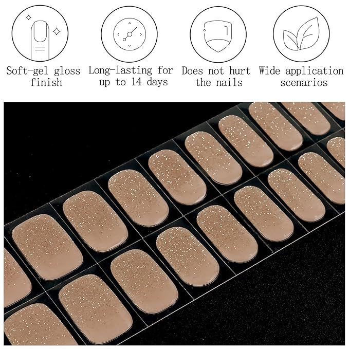 Nude Semi Cured Gel Nail Strips 20Pcs Glitter UV Gel Nail Stickers Glossy Nails Polish Strips UV/LED Light Needed Self Adhesive Full Polish Nails Wraps for Women
