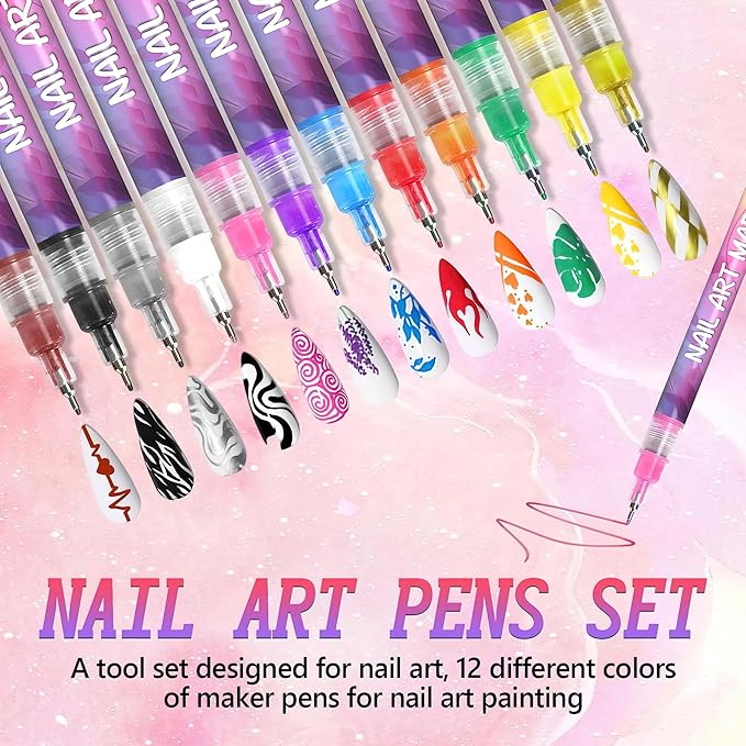 Nail Art Pens Set, 12 Colors Water-Based Nail Design Markers, 0.5mm Fine Tip for 3D Drawing, Painting, DIY Manicure Tools