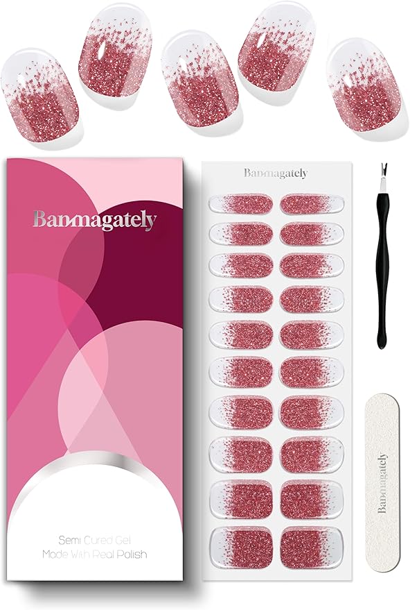 Semi Cured Gel Nail Strips, 20Pcs Long Lasting Salon Quality Wraps, Easy Apply & Remove Gel Nail Stickers with UV Light (Pink Diamond Dust)
