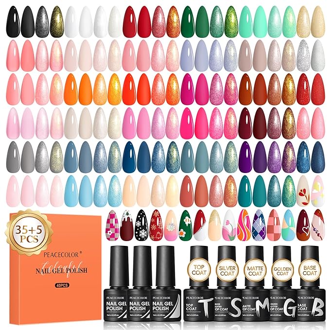 PEACECOLOR Gel Nail Polish Set 40PCs,Fall Gel Polish Kit 35 Colors White Nude Neutral Brown Pink Red with 5Pcs Glossy/Matte/Glitter Top Base Coat Soak Off Nail Art Gifts for Women