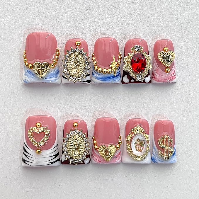Handmade French Tip Press on Nails Short Duck 3D Thick Acrylic Nails Baroque False Nails with Rhinestones Oil Painting Designs Luxury Royal Fake Nail Sturdy Art Press on Nail 10Pcs(S)
