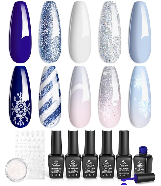 Beetles Easter Gel Nail Polish Set 5 Winter Colors Dark Blue Glitter White Light Blue Silver Gel Polish with Sealing Gel Sugar Dust Powder Nail Sticker UV LED Needed Gifts for Women Sparkling Snow