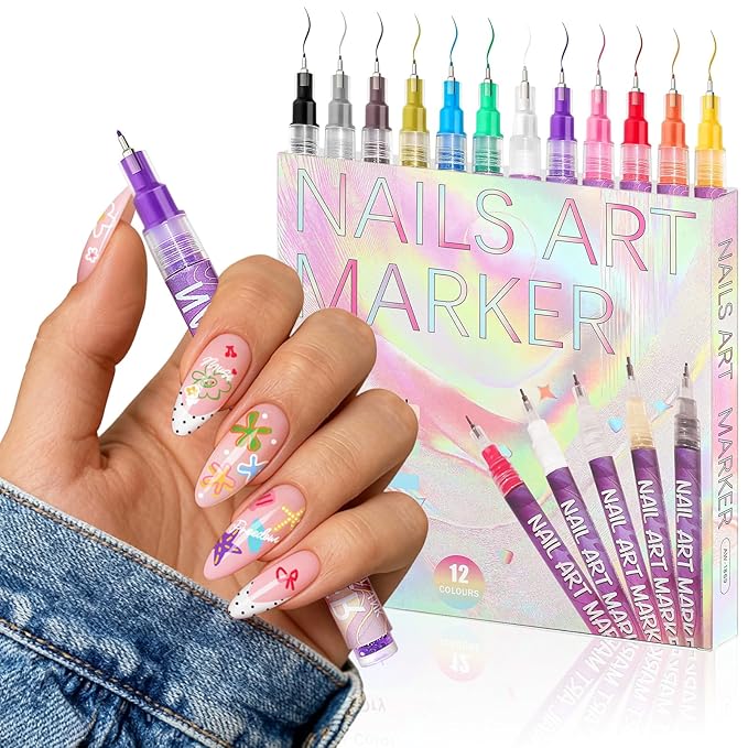 12 Colors Nail Art Pens Set, Plastic Fine Tip 0.5mm Nail Art Markers for Painting Nails, Quick Dry Nail Polish Pens for DIY Designs, Home Use & Professional Salons