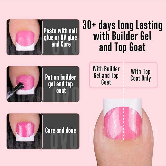 NOVO OVO French Tip Toe Nail Tips press on, ROSE PINK WITH GLITTER Sharp Square Toe Nail Tips Toenail Extension, Need Builder Gel & Top Coat, no Glue, Full Cover Acrylic for DIY 15 Sizes 240 pcs