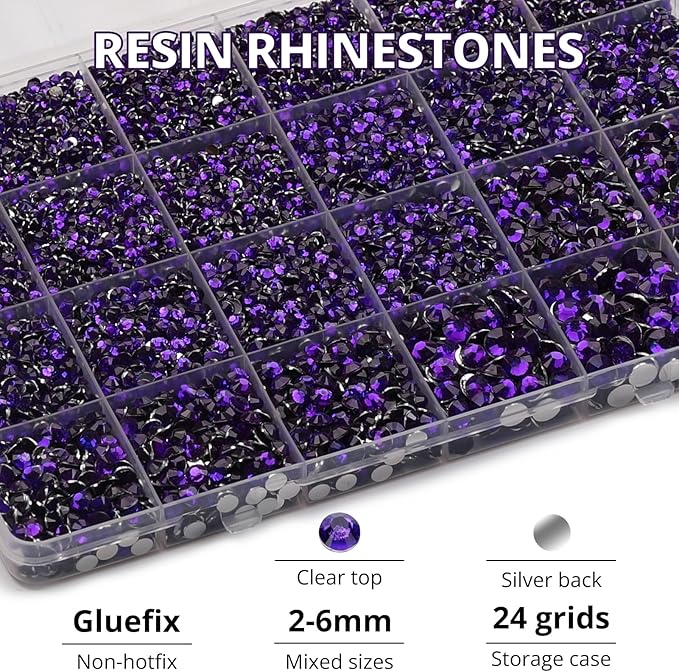 31000Pcs Purple Resin Rhinestones for Bedazzling, Flatback Gems Dark Purple Bedazzle Gemstones Stones, Flat Back Jewels Diamond Crystals Kit for Shoes Crafting Clothes 2-6mm Different Sizes b7000 Glue