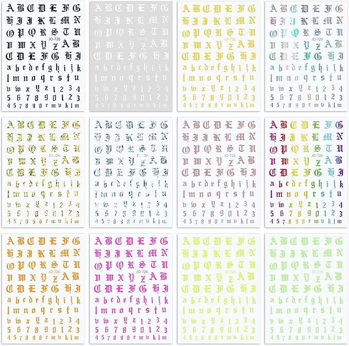 12 Colors Old English Nail Art Stickers, 3D Letters Self-Adhesive Sticker Design, Laser Gold Silver Red Black White Pink Yellow Green Alphabet Nail Transfer Decals for Women Manicure Decorations