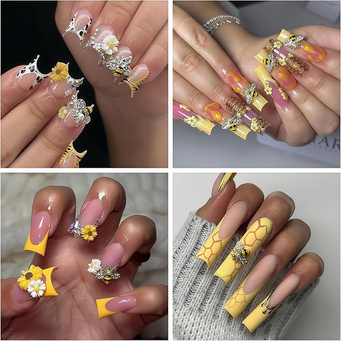 100PCS Nail Charms and Gems Gold Bee Yellow Flower for Nails Design，3D Daisy Y2k Nail Jewels Bulk Nail Art Decor Set