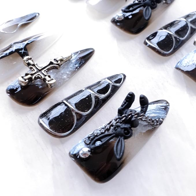 Gothic Press-On Nails, Long Stiletto Shape, Black with 3D Bunny and Cross Design, Handmade False Nail 10 Pieces (Medium, LS)